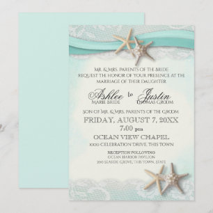 Starfish and Lace Beach Watercolor Aqua Wedding Invitation