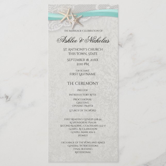 Starfish and Lace Grey Wedding Program (Front)