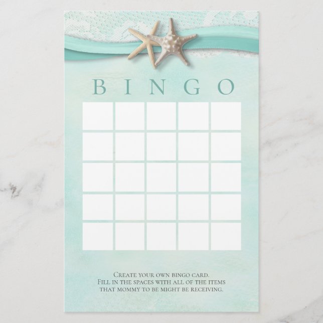 Starfish and Lace Shower Bingo Stationery (Front)