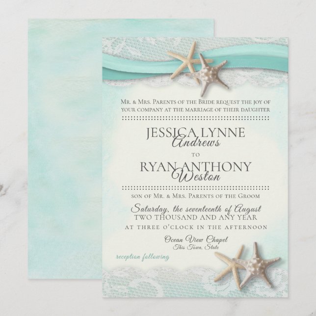 Starfish and Lace Vintage Beach Wedding Invitation (Front/Back)