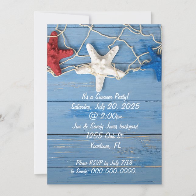 starfish and net in patriotic colours invitation (Front)