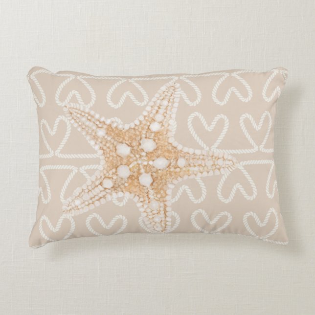 Starfish and net on beige pastel light brown accent pillow (Front)