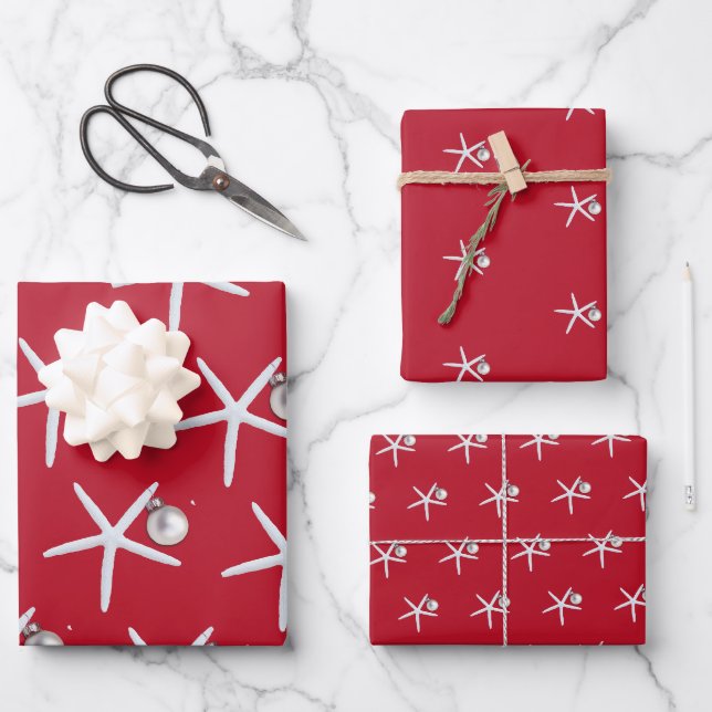 Starfish and Ornament Beach Christmas Patterned Wrapping Paper Sheet (Front)