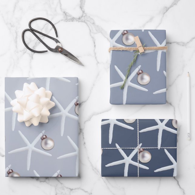 Starfish and Ornament Beach Christmas Wrapping Paper Sheet (Front)