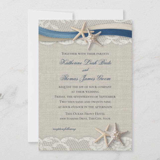 Starfish and Ribbon Beach Navy Blue and Champagne  Invitation (Front)
