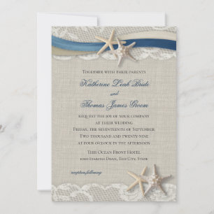 Starfish and Ribbon Beach Navy Blue and Champagne  Invitation