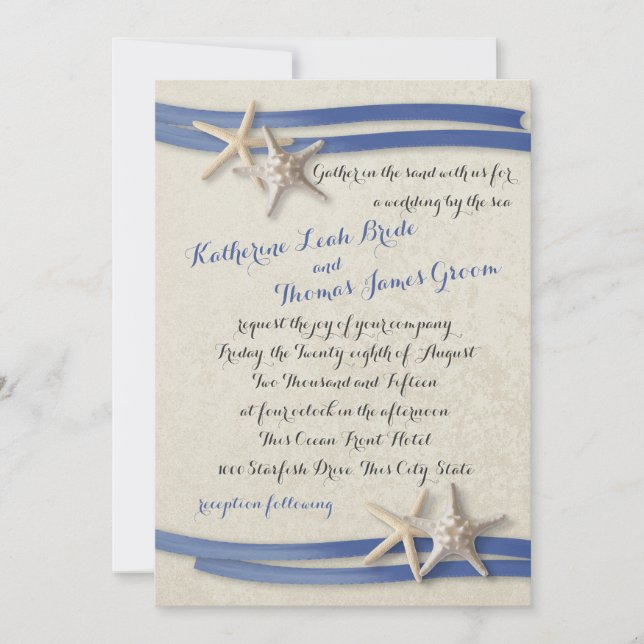 Starfish and Ribbon Blue Invitation (Front)
