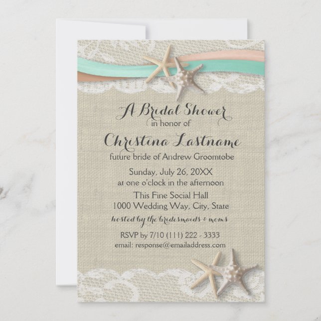 Starfish and Ribbon Peach and Mint Bridal Shower Invitation (Front)