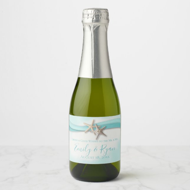 Starfish and Ribbon Turquoise Beach Sparkling Wine Label (Front)