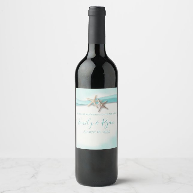 Starfish and Ribbon Turquoise Beach Sparkling Wine Wine Label (Front)