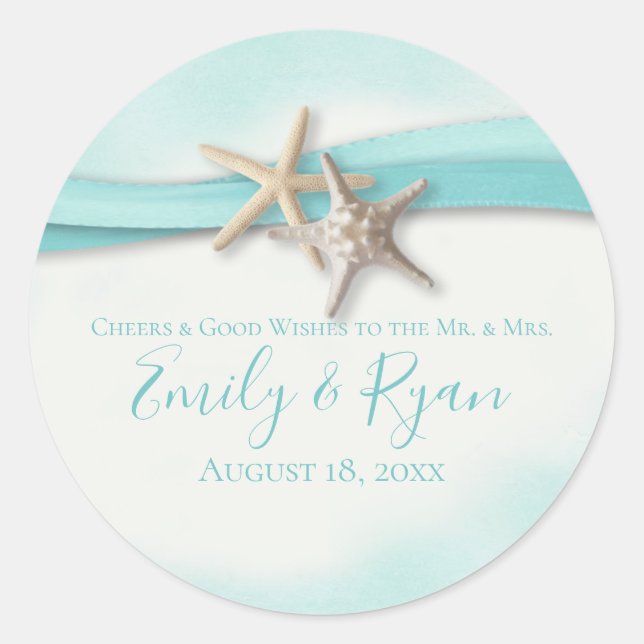Starfish and Ribbon Turquoise Wedding Classic Round Sticker (Front)