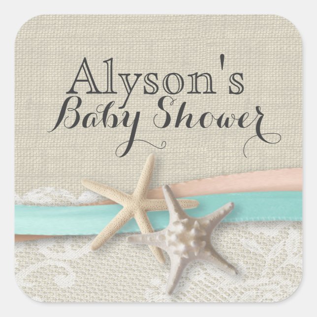 Starfish and Ribbon Vintage Baby Shower Square Sticker (Front)