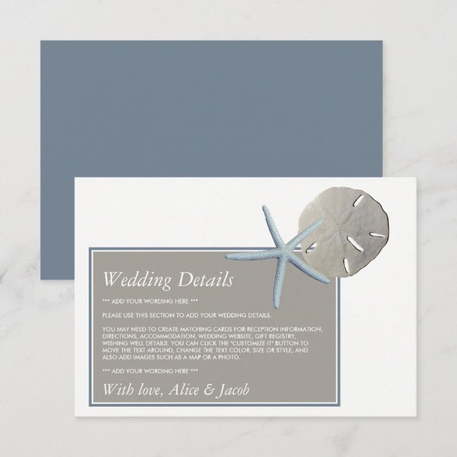 Starfish and Sand Dollar - Beach Wedding Detail Enclosure Card (Front/Back)