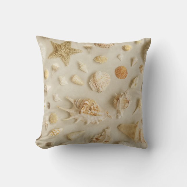 Starfish and Seashells Coastal Beach Photo Beige Throw Pillow (Front)