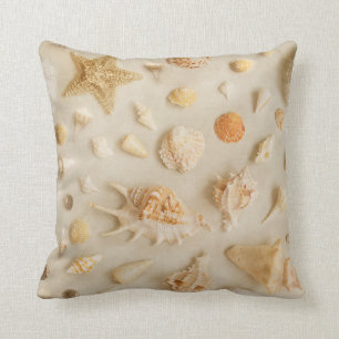 Starfish and Seashells Coastal Beach Photo Beige Throw Pillow
