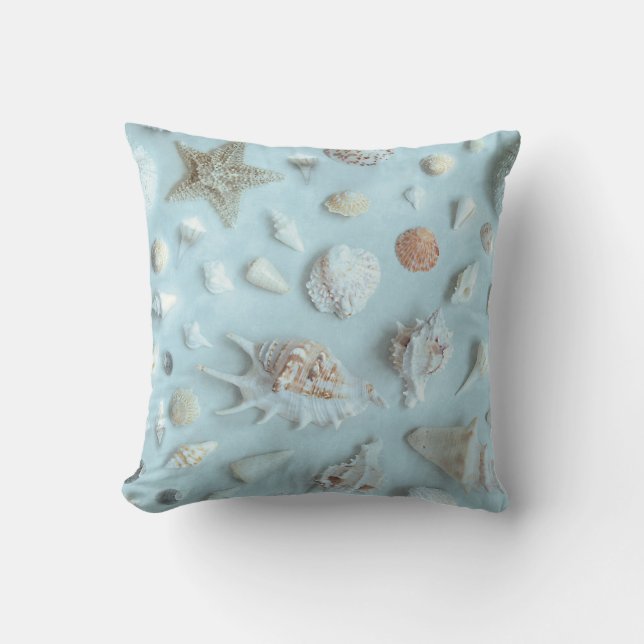 Starfish and Seashells Coastal Beach Photo Blue Throw Pillow (Front)