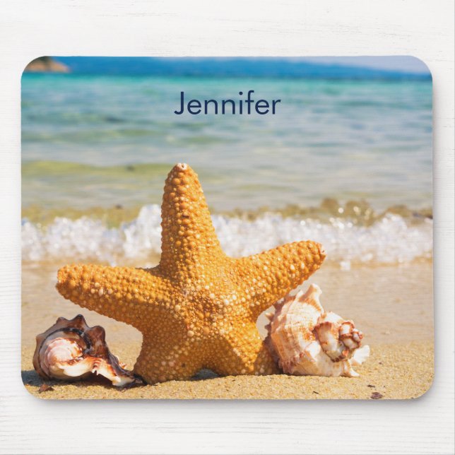 Starfish and Seashells on the Beach Personalized Mouse Pad (Front)