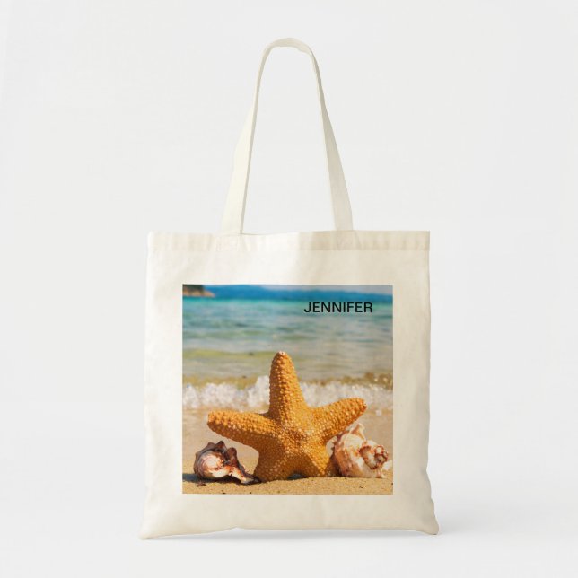 Starfish and Seashells on the Beach Personalized Tote Bag (Front)