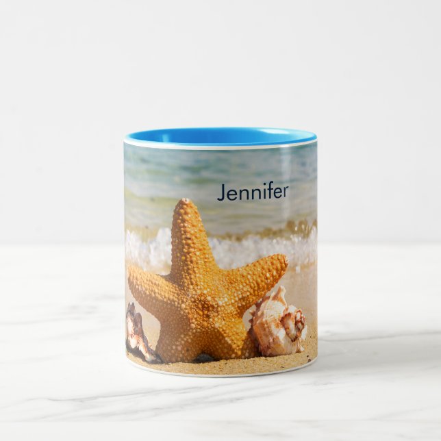 Starfish and Seashells on the Beach Personalized Two-Tone Coffee Mug (Center)