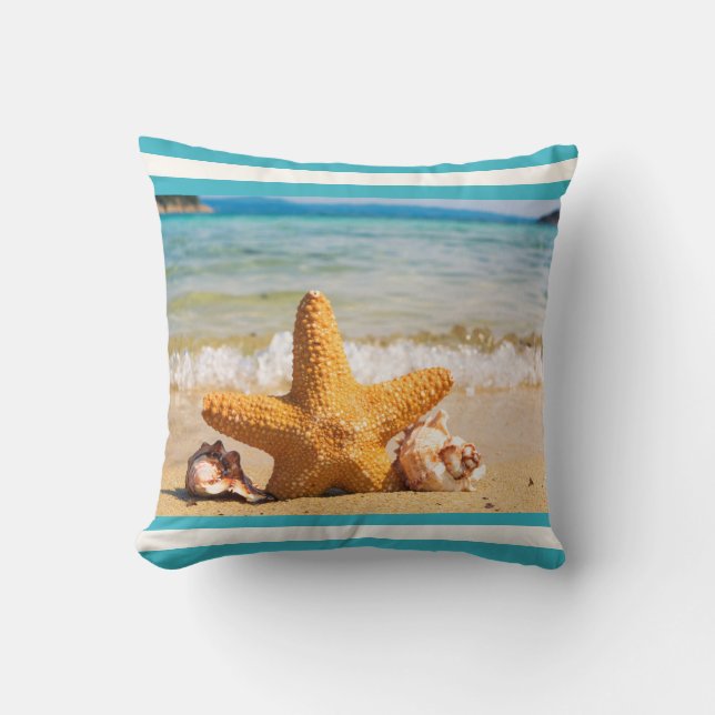 Starfish and Seashells on the Beach Throw Pillow (Front)
