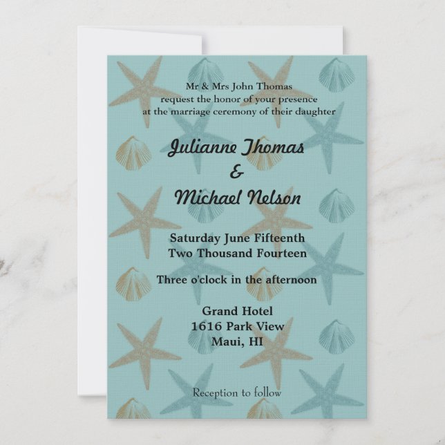 Starfish and Shells Beach Wedding Invitation (Front)