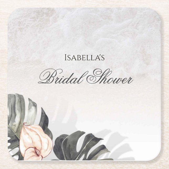 Starfish and Shells Tropical Beach Bridal Shower Square Paper Coaster (Front)