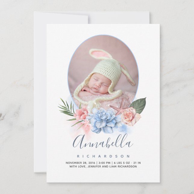 Starfish and Tropical Beach Flora Photo Baby Birth Announcement (Front)