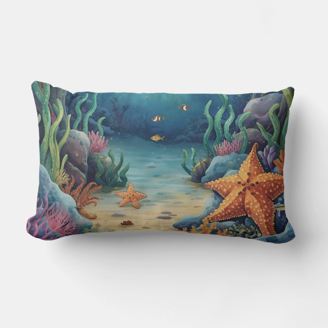 Starfish and Tropical Sea Life Lumbar Pillow (Front)