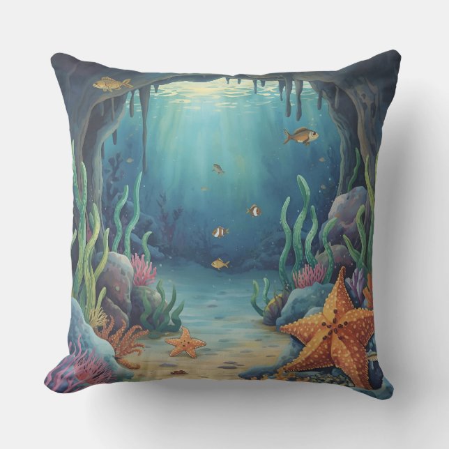 Starfish and Tropical Sea Life Outdoor Pillow (Front)