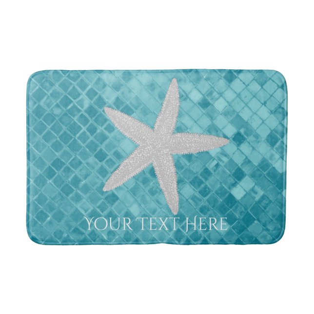 Starfish Aqua Sea Glass Personalize Bath Mat (Front)