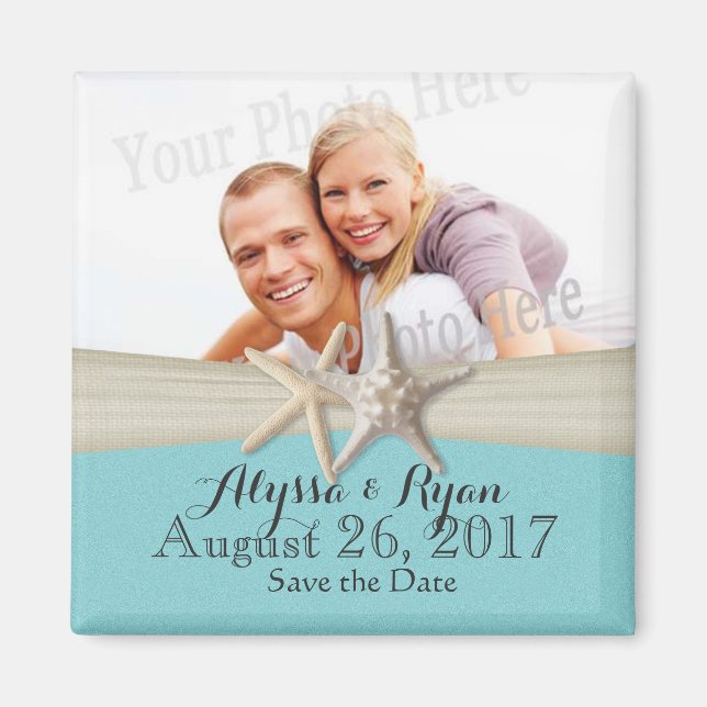 Starfish Beach Aqua Blue Save the Date Photo Magnet (Front)