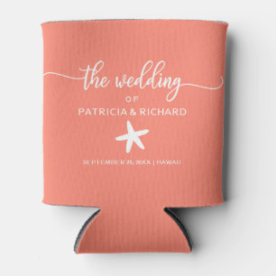Starfish Beach Destination Wedding Coral and White Can Cooler