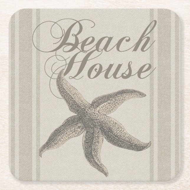 Starfish Beach House Seashore Coastal Square Paper Coaster (Front)