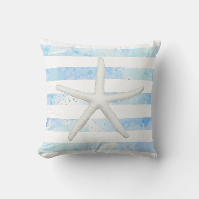 Starfish Beach Modern Simple Stripe Blue and White Throw Pillow (Front)