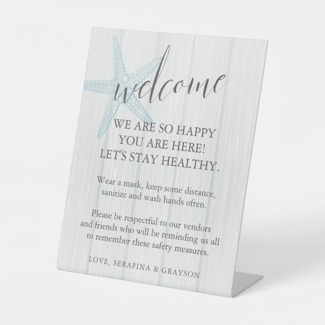 Starfish Beach Rustic Wedding Mask Safety Pedestal Sign (Front)
