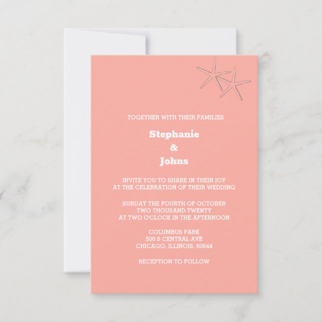 Starfish Beach Salmon Orange Custom Colour Wedding Invitation (Front)