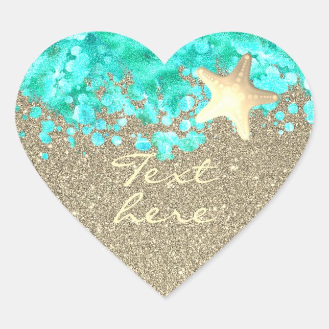 Starfish beach sand ocean water gold turquoise  heart sticker (Front)