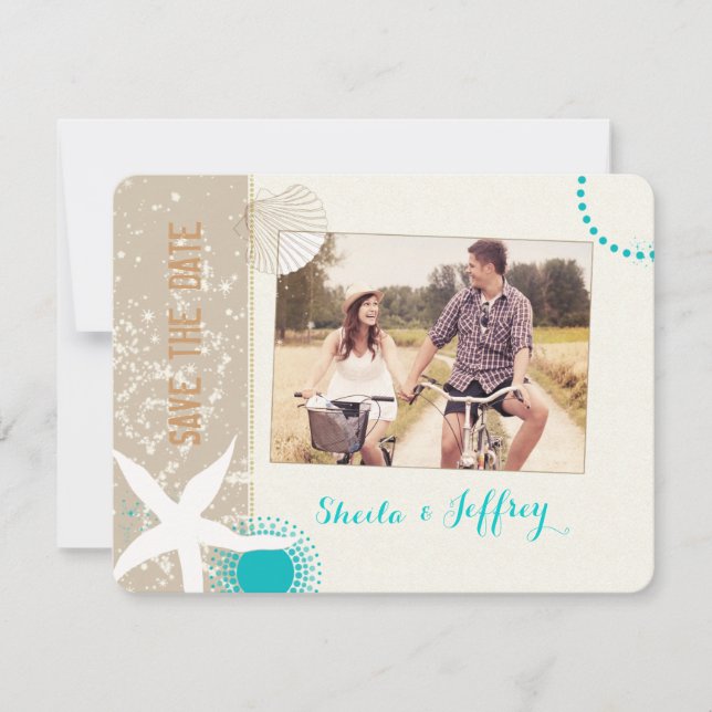 Starfish + Beach Sand Wedding Photo Save the Date (Front)
