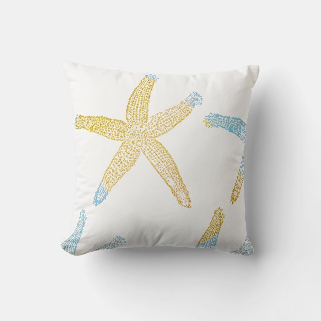 Starfish Beach Sky Blue Glittery Gold White Cute Outdoor Pillow (Front)