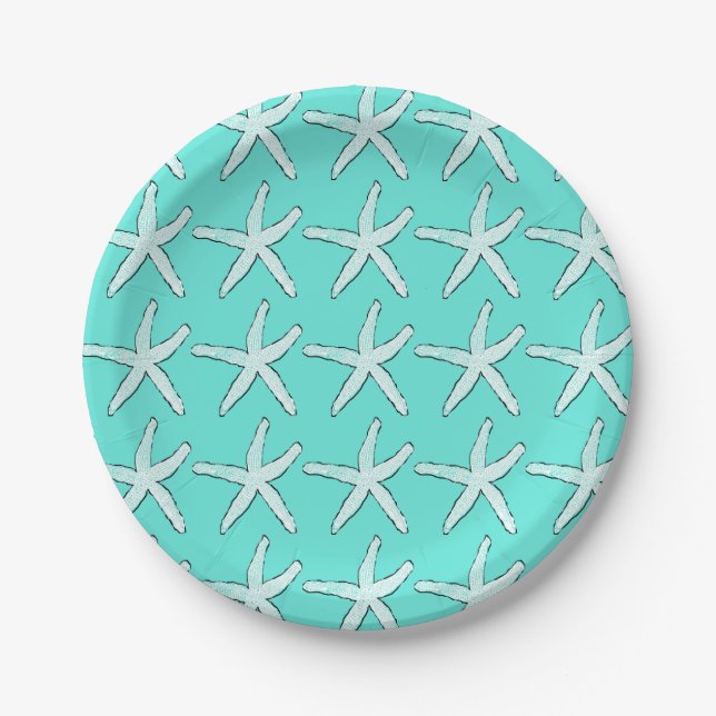 Starfish Beach Teal Blue Baby Showers Birthdays Paper Plate (Front)