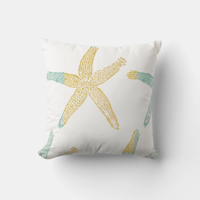 Starfish Beach Teal Blue Green Glittery Gold White Outdoor Pillow (Front)