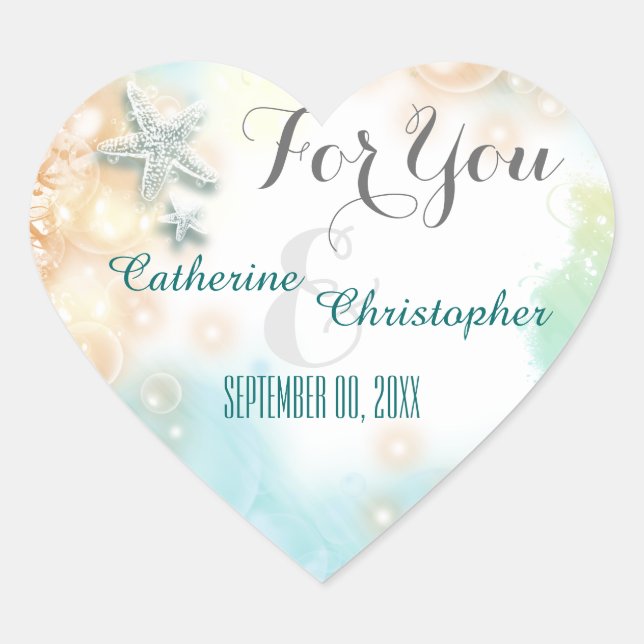 Starfish beach theme wedding favour "For you" Heart Sticker (Front)