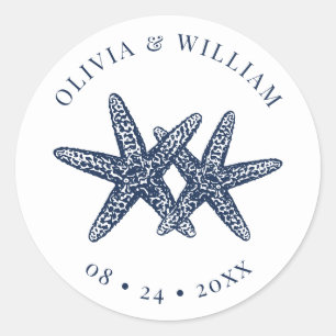 Starfish Beach Wedding Coastal Navy Blue Classic Round Sticker