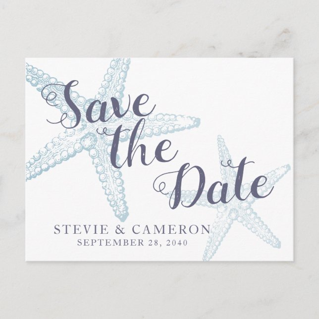 Starfish Beach Wedding Dusty Blue Save the Date Announcement Postcard (Front)