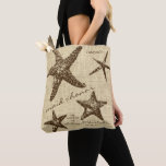 Starfish Beach Wedding Party (Maid of Honour) Tote Bag<br><div class="desc">Honour your wedding party with personalized tote bags that accent your destination beach wedding with brown starfish on a rustic burlap background and their title on the front (this one is for the Maid of Honour) and a coordinating pattern of starfish on the back. Fun to fill with wedding essentials...</div>