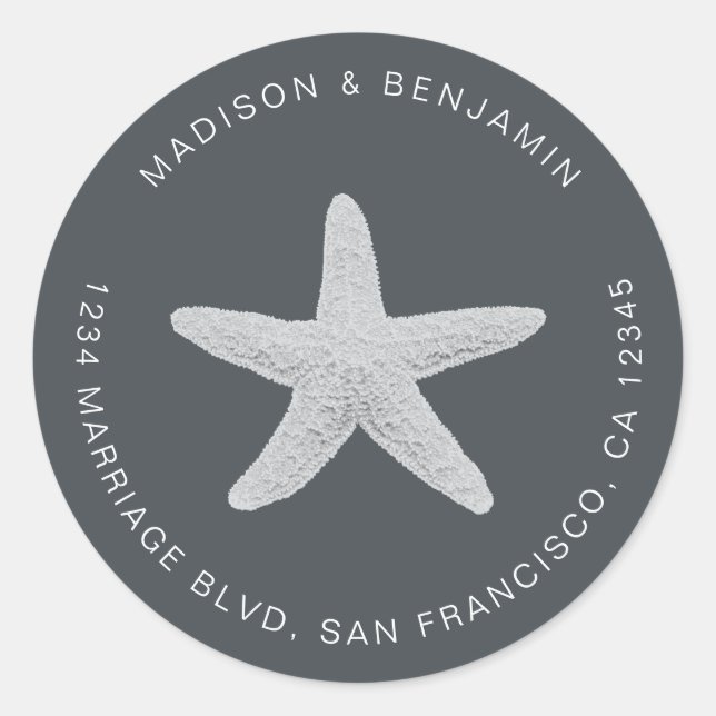 Starfish Beach Wedding Return Address Black Classic Round Sticker (Front)