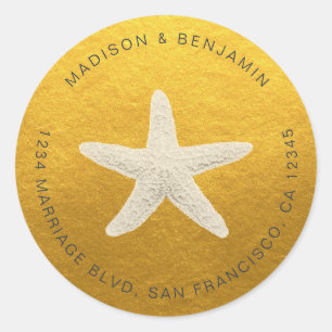 Starfish Beach Wedding Return Address Classic Gold Round Sticker