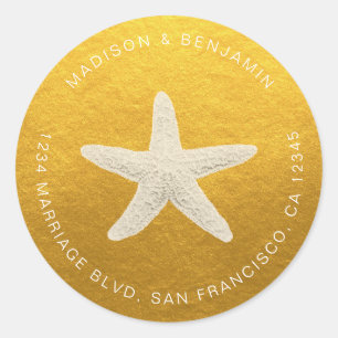Starfish Beach Wedding Return Address Gold Classic Round Sticker