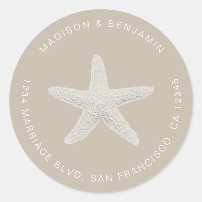 Starfish Beach Wedding Return Address Grey Classic Round Sticker (Front)