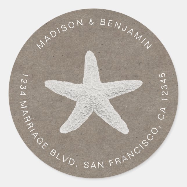 Starfish Beach Wedding Return Address Kraft Classic Round Sticker (Front)